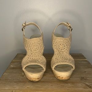 Crocheted Open Toe Wedge Sandal - Nude